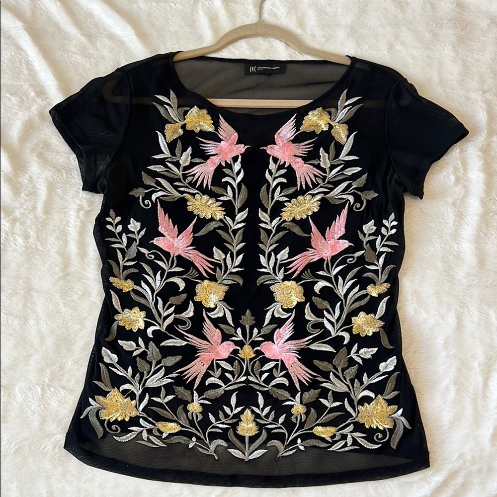 INC International Concepts Black Mesh Top with Pink and Yellow Embroidery